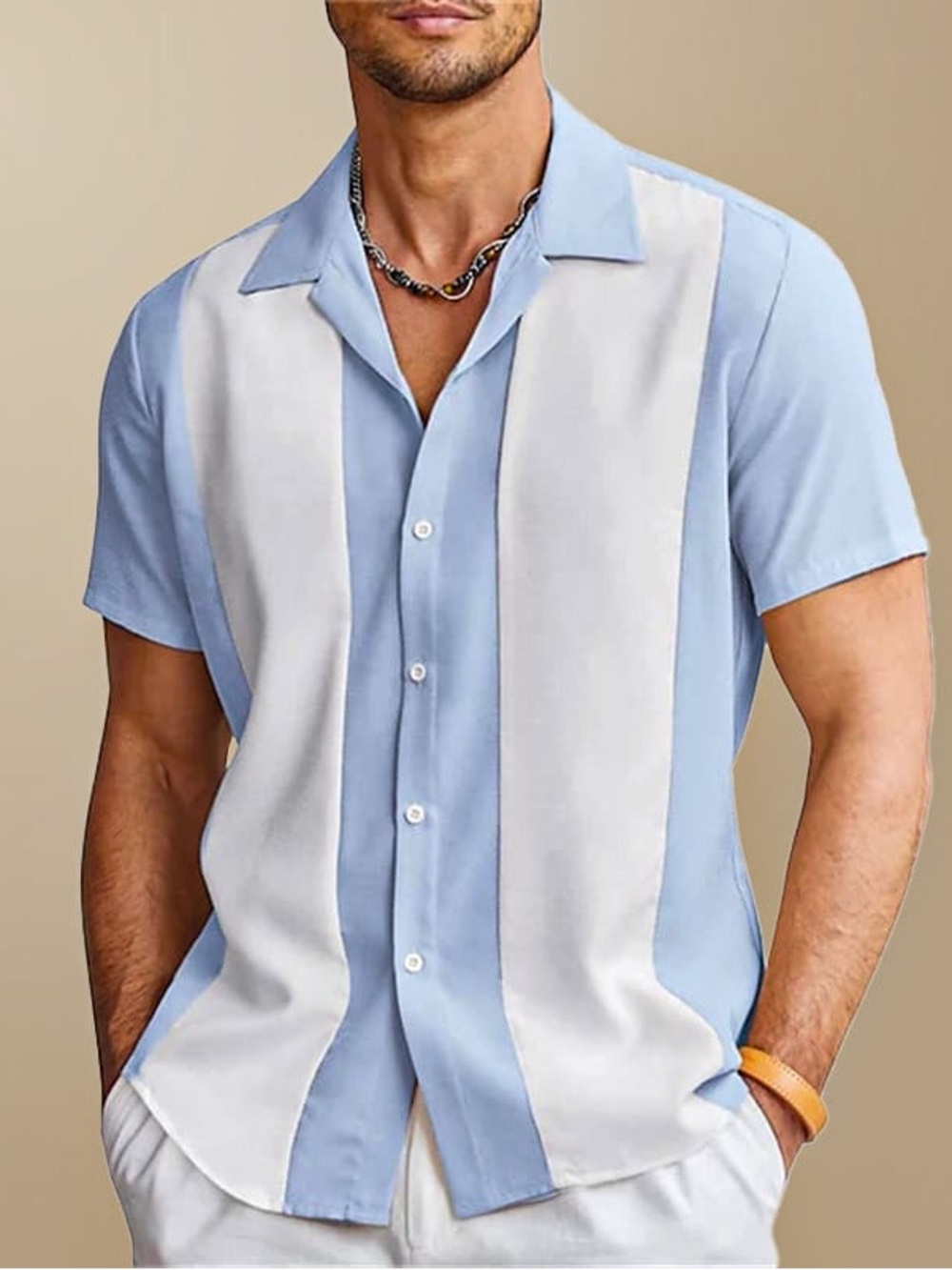 Vintage Two-Tone Cuban Collar Short Sleeve Shirt